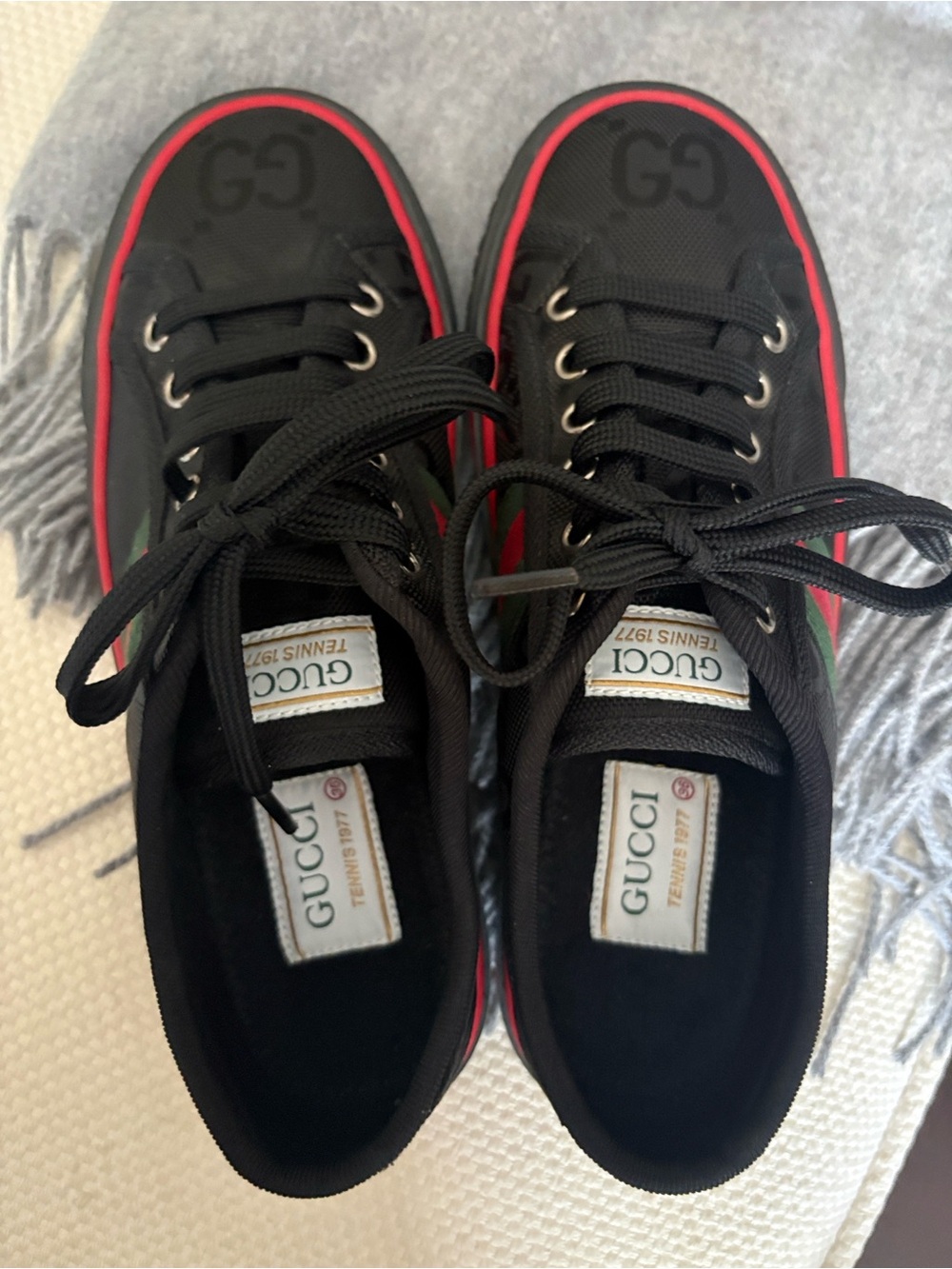 Black Low-Top Sneakers with Red & Green Web Stripe - Picture 8 of 10